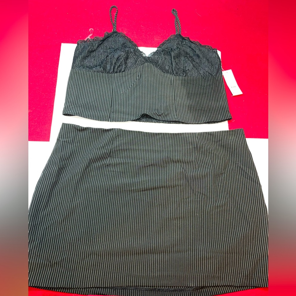 BLACK white pin Striped Bustier Corset Lace TOP skirt SET NEW women 2XL GANGSTER